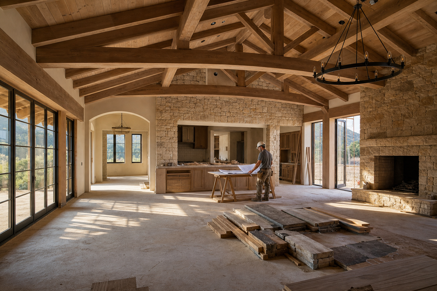 Beautiful custom home interior with natural light, exposed wood beams, and warm craftsman details