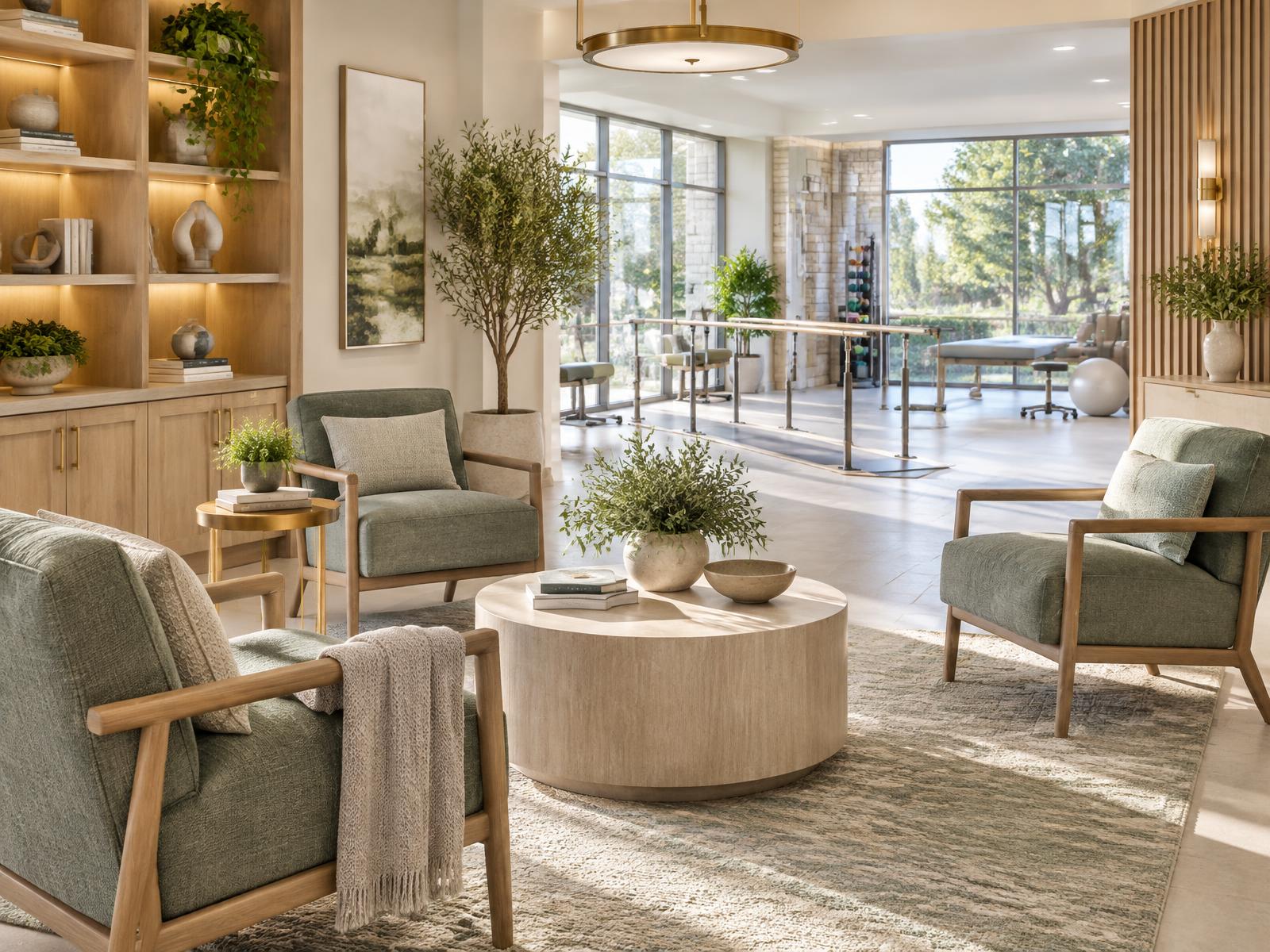 Bright senior living wellness lounge with oak millwork, sage armchairs and a therapy area