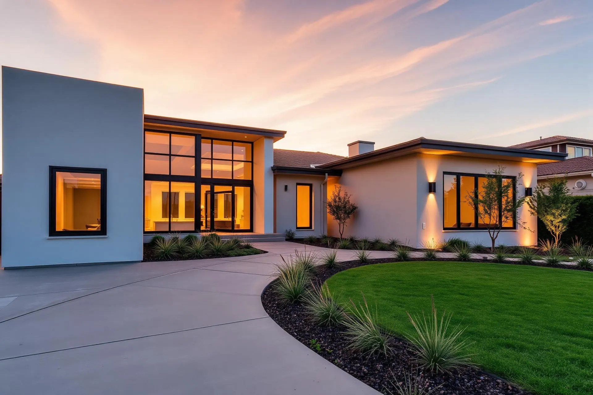 Modern custom home in South Orange County at golden hour